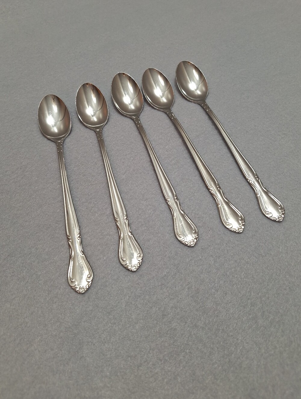 Set Of 5 Walco Barclay Utica Stainless Scroll Long Handle Ice Tea Spoons 7.5 In